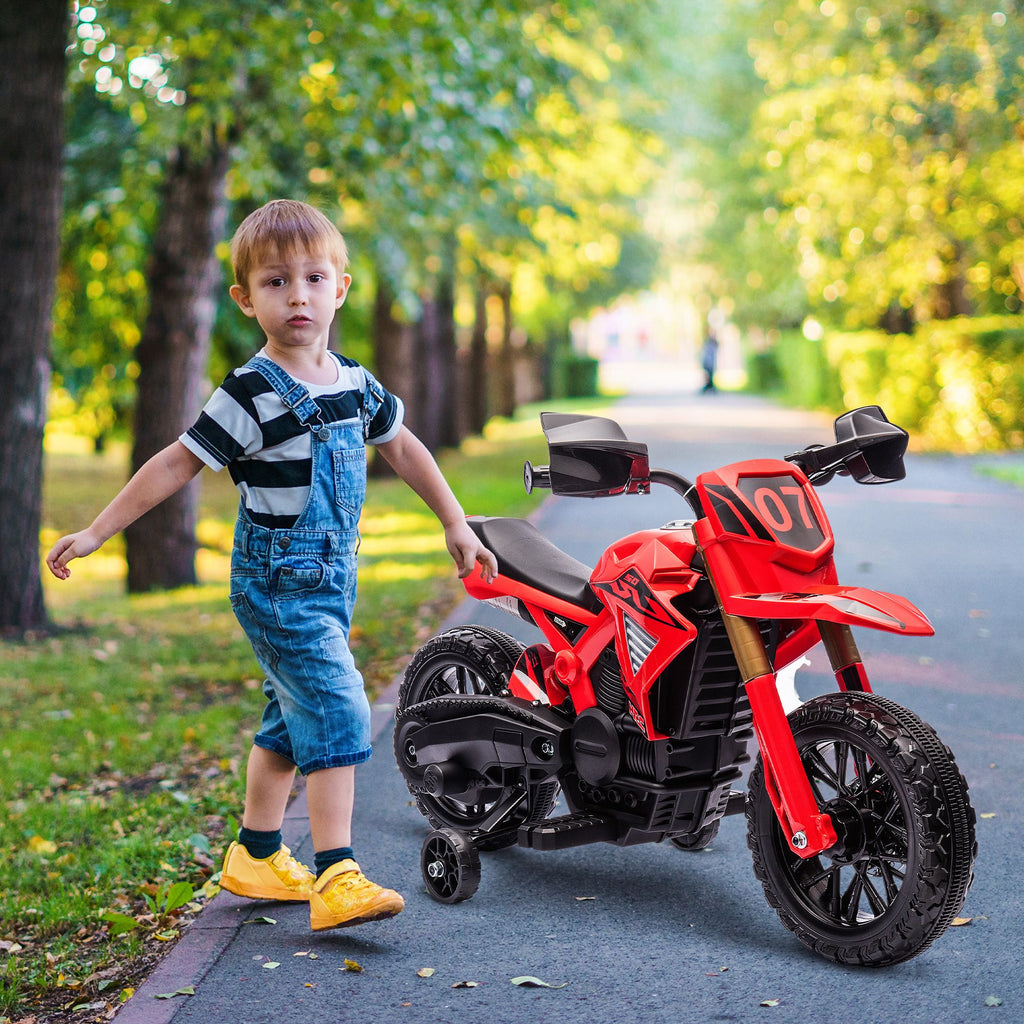 Yeah Depot - Qaba Kids Motorcycle, 6V Battery Powered Dirt Bike with Training Wheels, Horn & Start Sound, Electric Motorcycle for Kids 3-8 Years, Red