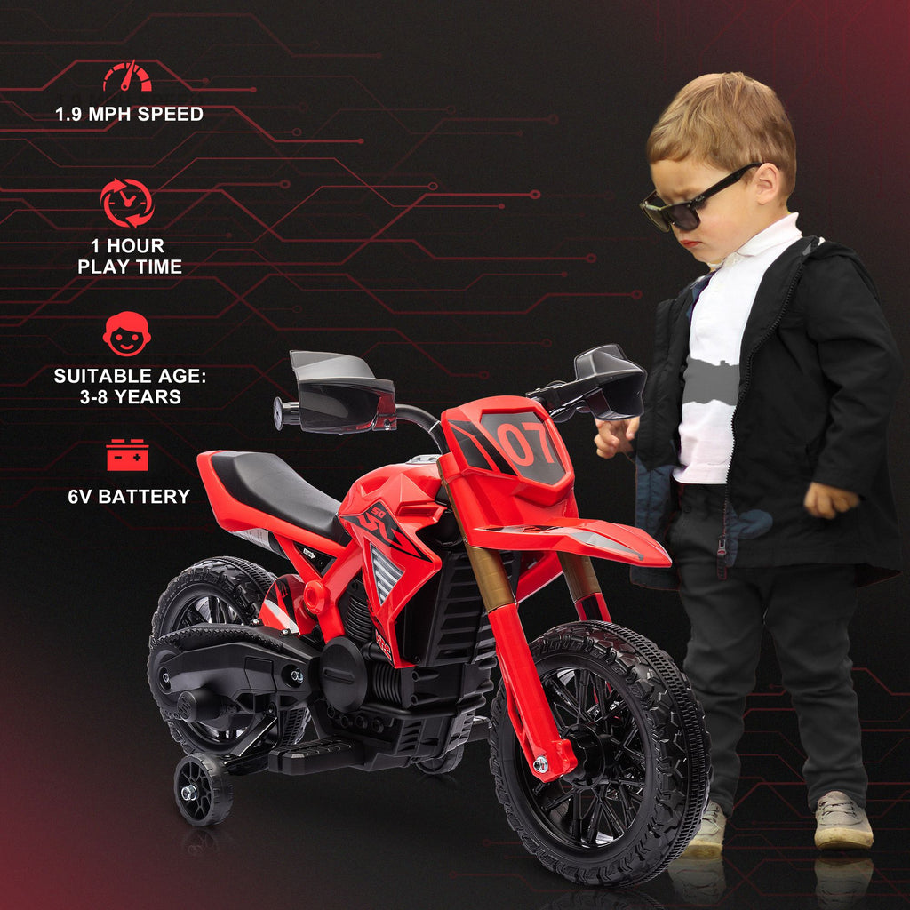 Yeah Depot - Qaba Kids Motorcycle, 6V Battery Powered Dirt Bike with Training Wheels, Horn & Start Sound, Electric Motorcycle for Kids 3-8 Years, Red