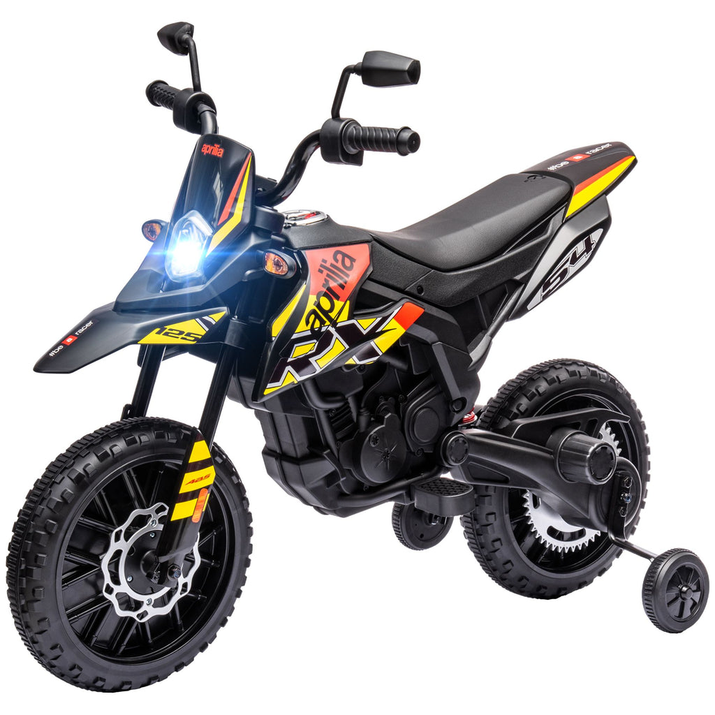 Yeah Depot - Qaba 12V Kids Motorcycle, Aprilia Licenced Electric Motorcycle for Kids with Training Wheels, Spring Suspension, LED Light, USB, Music, Battery Powered Electric Dirt Bike for Boys Girls, Yellow
