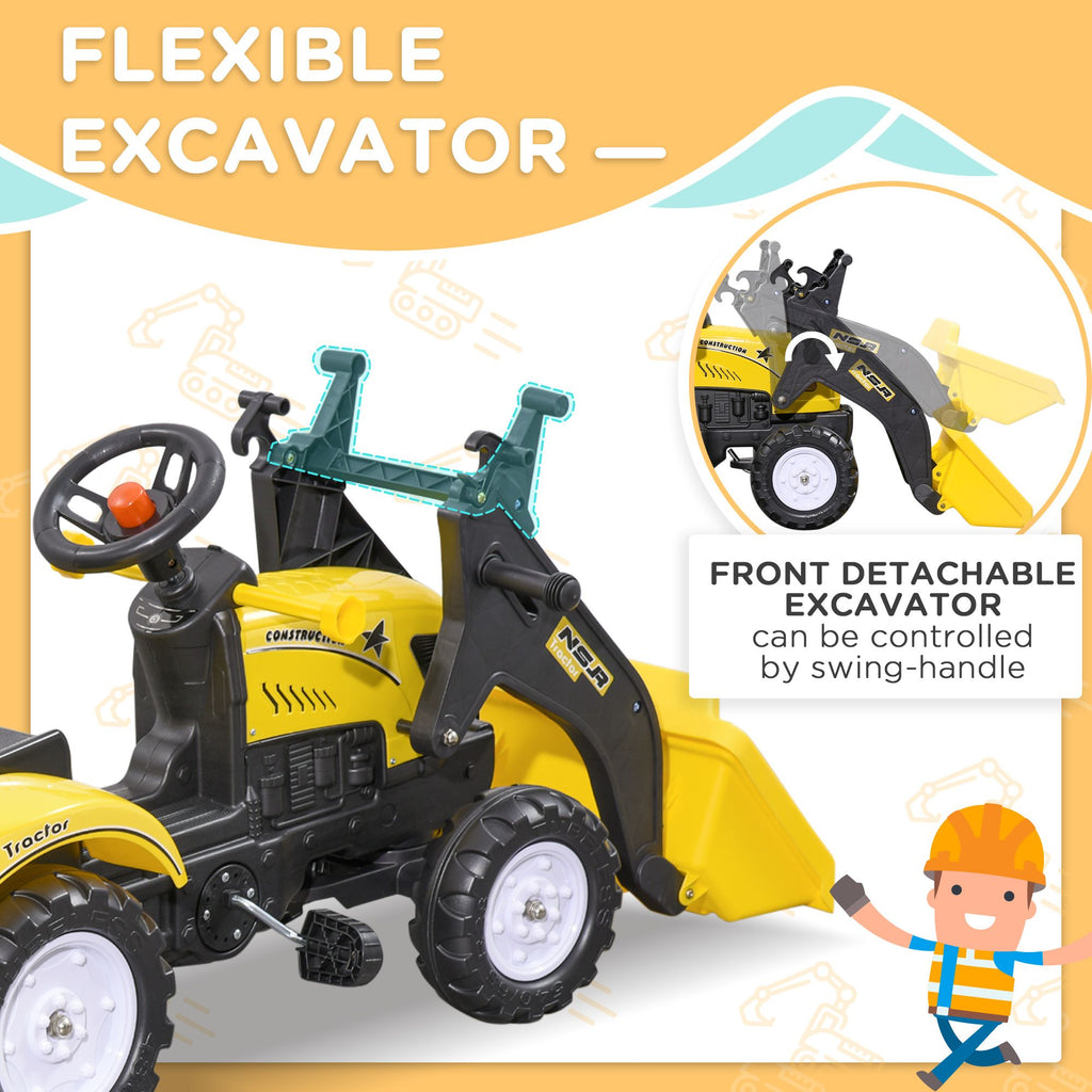 Yeah Depot - Aosom Kids Ride-On Excavator, Pedal Car Bulldozer, Move Forward/Back with Real Working Dirt Bucket, 6 Wheels, & Cargo Trailer