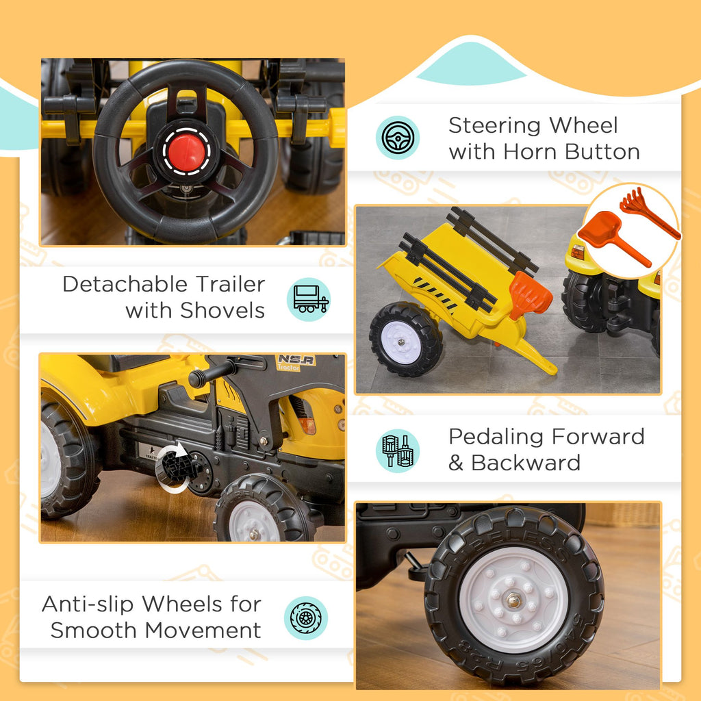 Yeah Depot - Aosom Kids Ride-On Excavator, Pedal Car Bulldozer, Move Forward/Back with Real Working Dirt Bucket, 6 Wheels, & Cargo Trailer