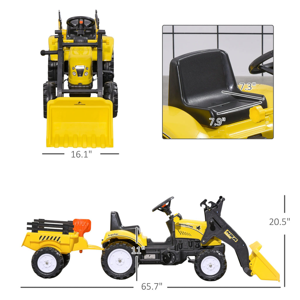 Yeah Depot - Aosom Kids Ride-On Excavator, Pedal Car Bulldozer, Move Forward/Back with Real Working Dirt Bucket, 6 Wheels, & Cargo Trailer