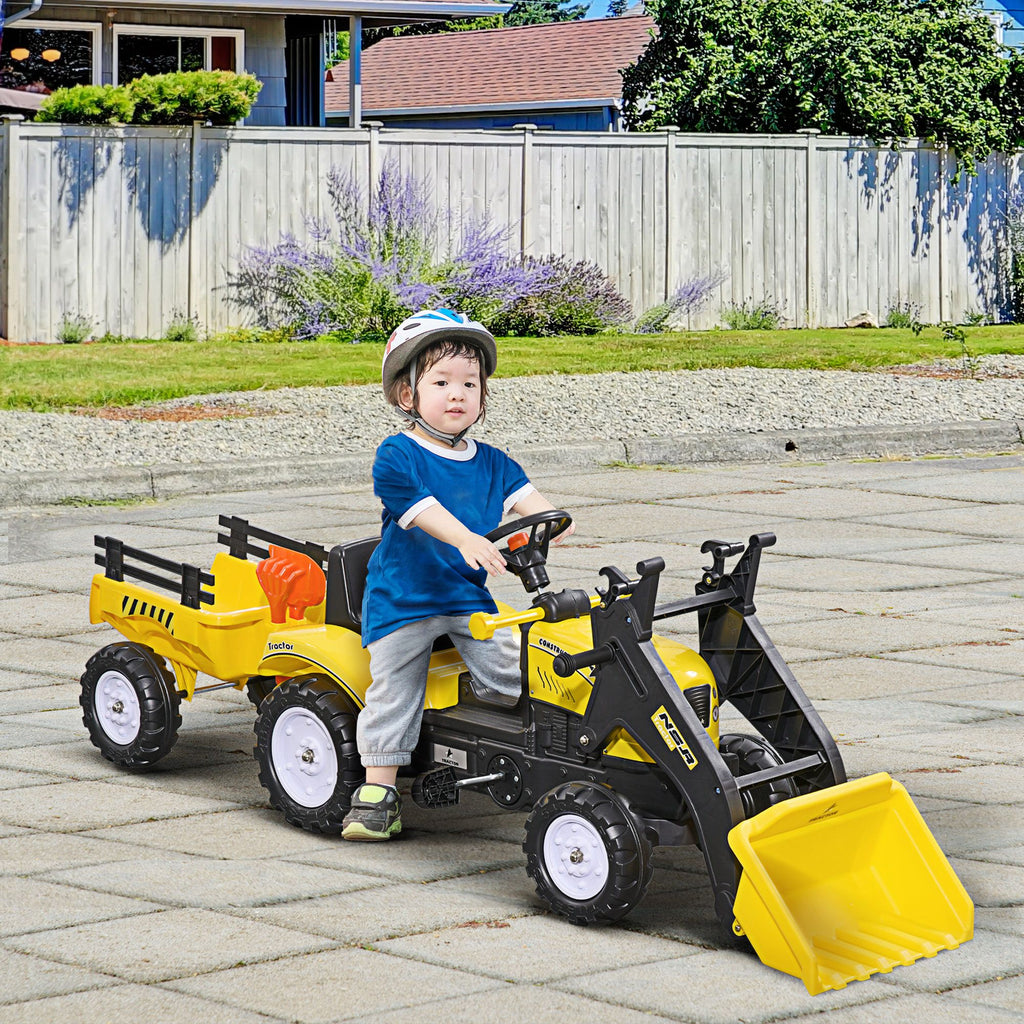 Yeah Depot - Aosom Kids Ride-On Excavator, Pedal Car Bulldozer, Move Forward/Back with Real Working Dirt Bucket, 6 Wheels, & Cargo Trailer