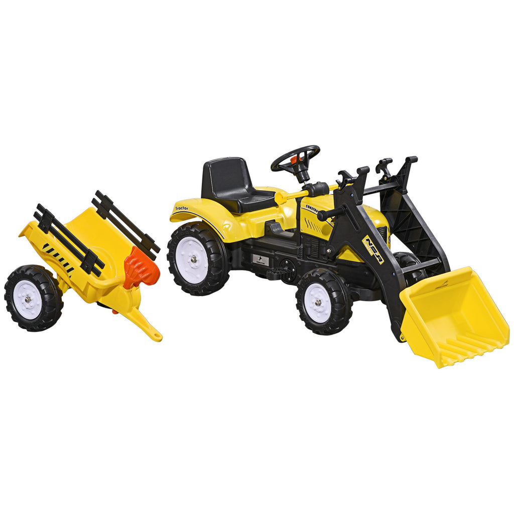 Yeah Depot - Aosom Kids Ride-On Excavator, Pedal Car Bulldozer, Move Forward/Back with Real Working Dirt Bucket, 6 Wheels, & Cargo Trailer