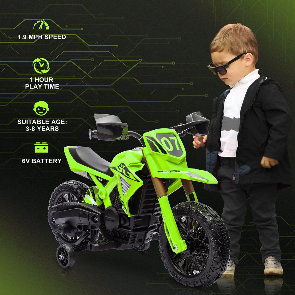 Yeah Depot - Qaba Kids Motorcycle, 6V Battery Powered Dirt Bike with Training Wheels, Horn & Start Sound, Electric Motorcycle for Kids 3-8 Years, Green