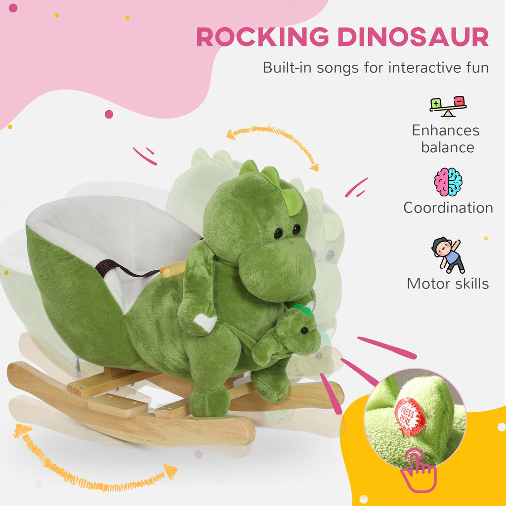 Yeah Depot - Qaba Baby Rocking Horse, Toddler Plush Dinosaur Animal Rocker with Seat Belt, 32 Songs, Hand Puppet, Kids Riding Horse Rocking Chair for 18-36 Months, Green