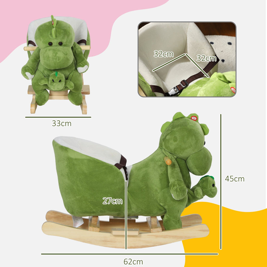 Yeah Depot - Qaba Baby Rocking Horse, Toddler Plush Dinosaur Animal Rocker with Seat Belt, 32 Songs, Hand Puppet, Kids Riding Horse Rocking Chair for 18-36 Months, Green
