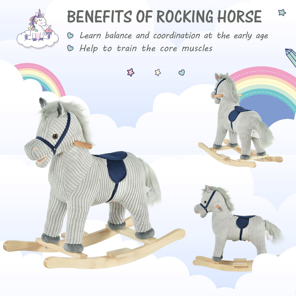 Yeah Depot - Qaba Kids Rocking Horse for Toddler 3-5, Plush Ride on Horse Wooden Rocker with Realistic Sounds, Gray