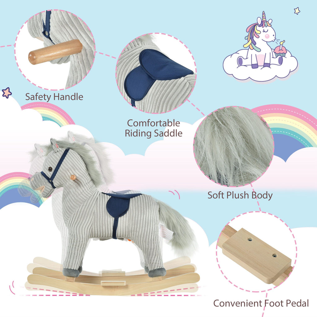 Yeah Depot - Qaba Kids Rocking Horse for Toddler 3-5, Plush Ride on Horse Wooden Rocker with Realistic Sounds, Gray