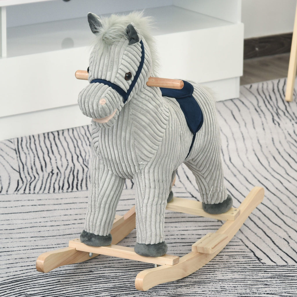 Yeah Depot - Qaba Kids Rocking Horse for Toddler 3-5, Plush Ride on Horse Wooden Rocker with Realistic Sounds, Gray