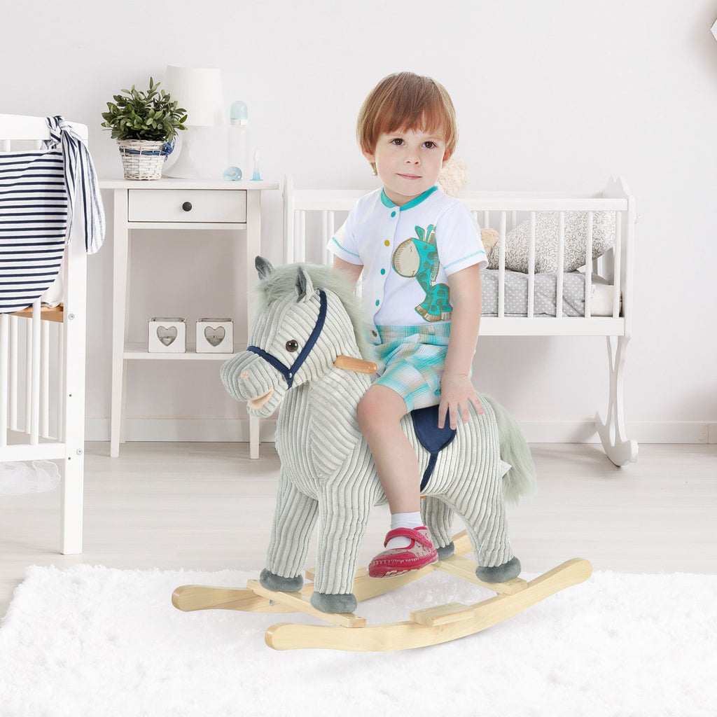 Yeah Depot - Qaba Kids Rocking Horse for Toddler 3-5, Plush Ride on Horse Wooden Rocker with Realistic Sounds, Gray