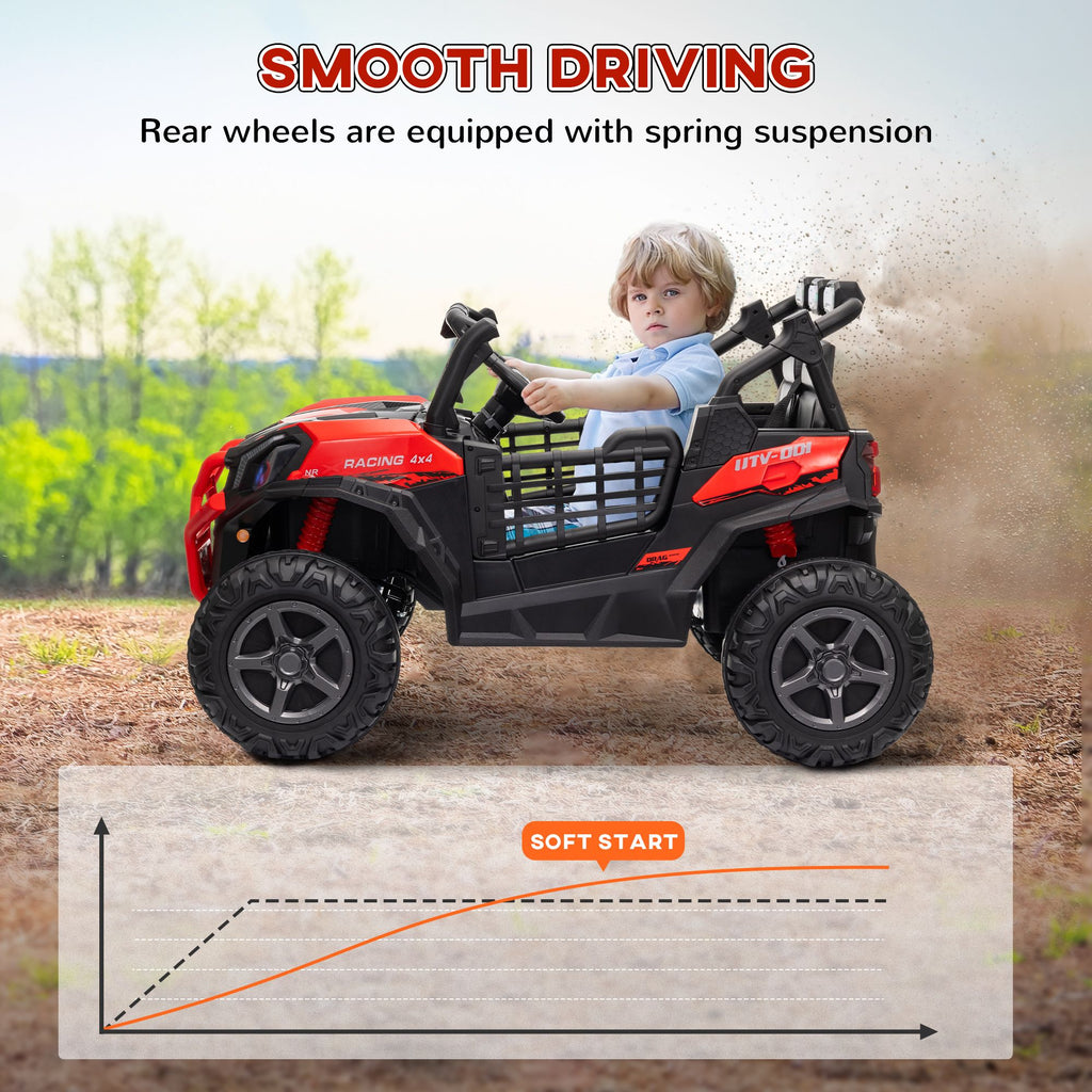 Yeah Depot - Qaba 2 Seater Electric Car for Kids, 24V Battery Powered Ride on Car with Remote Control, 3 Speed, Slow Start, LED Lights, Music, Horn, Spring Suspension for 3-8 Years, Red