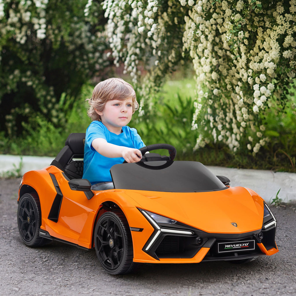 Yeah Depot - Qaba Lamborghini Revuelto Licensed 12V Kids Electric Car, Battery Powered Ride on Car with Hydraulic Doors, Remote Control, Transport Wheels, Spring Suspension, Music, Lights, 3 Speeds, Orange