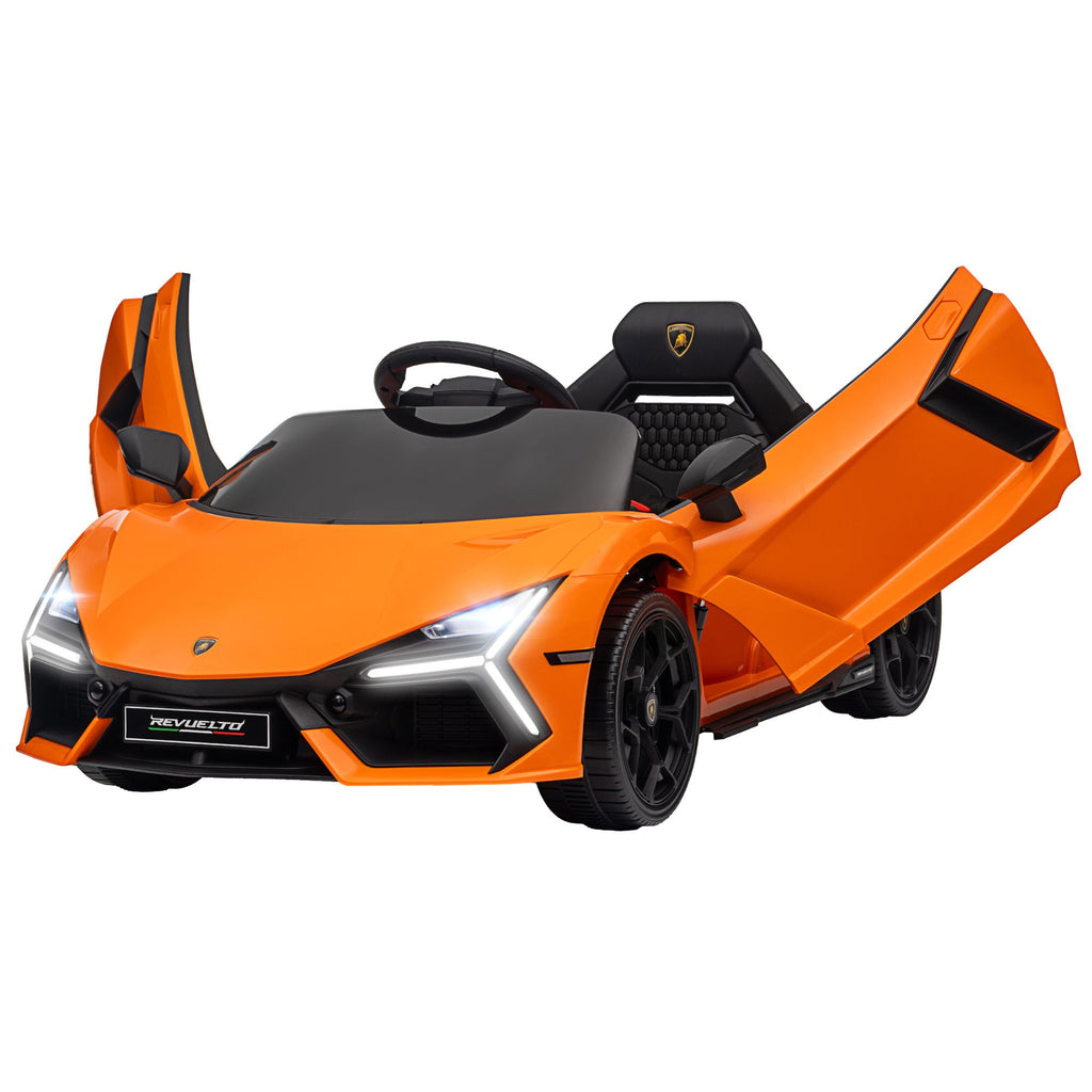 Yeah Depot - Qaba Lamborghini Revuelto Licensed 12V Kids Electric Car, Battery Powered Ride on Car with Hydraulic Doors, Remote Control, Transport Wheels, Spring Suspension, Music, Lights, 3 Speeds, Orange