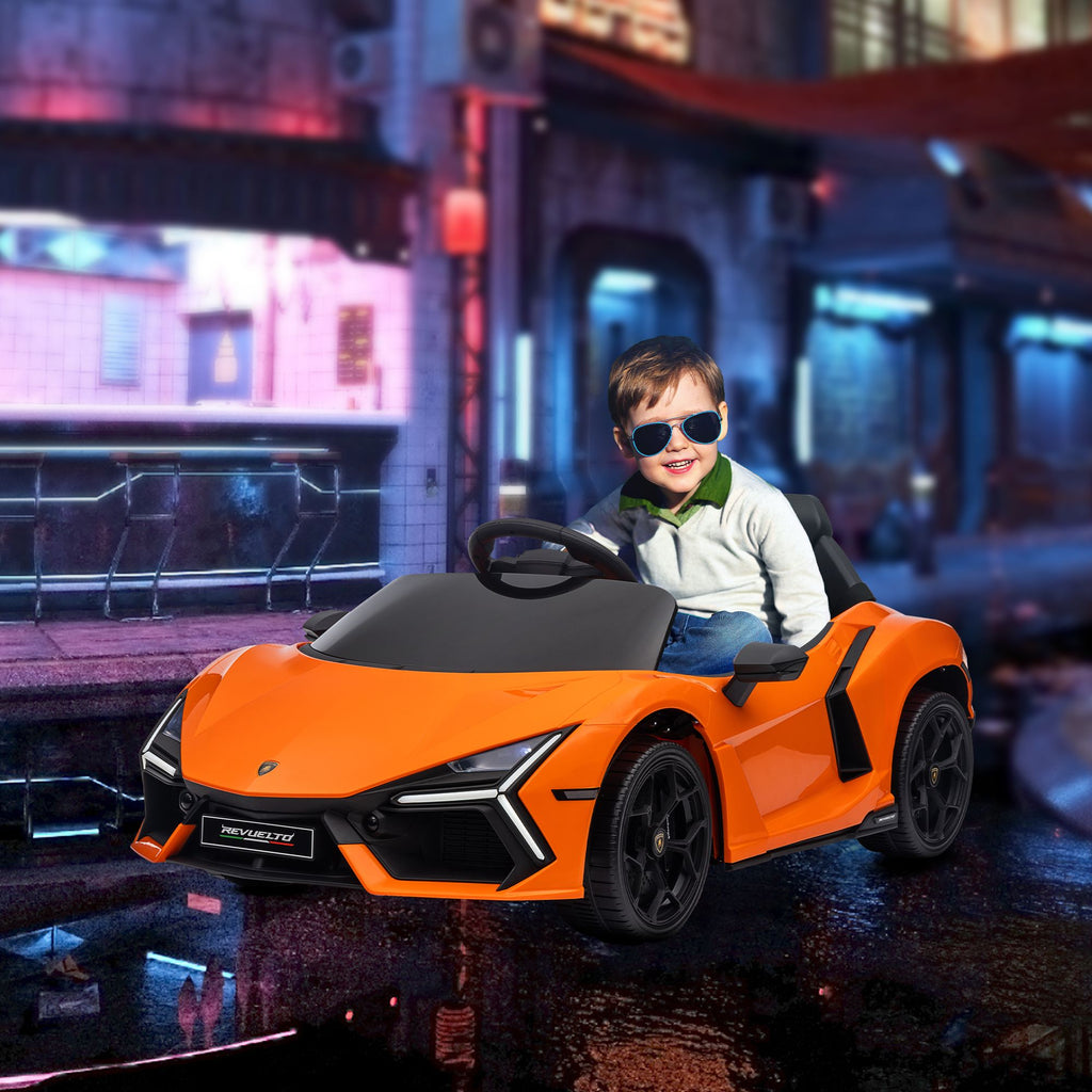 Yeah Depot - Qaba Lamborghini Revuelto Licensed 12V Kids Electric Car, Battery Powered Ride on Car with Hydraulic Doors, Remote Control, Transport Wheels, Spring Suspension, Music, Lights, 3 Speeds, Orange