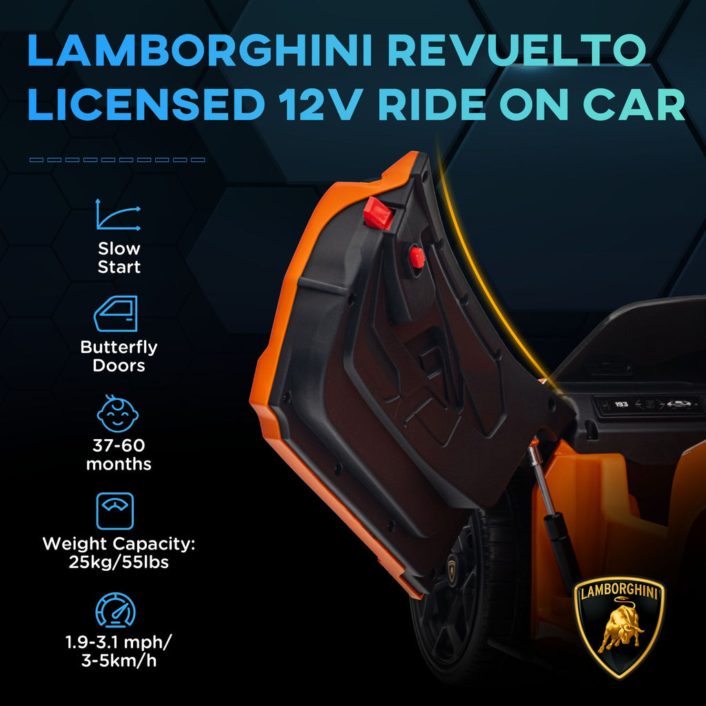 Yeah Depot - Qaba Lamborghini Revuelto Licensed 12V Kids Electric Car, Battery Powered Ride on Car with Hydraulic Doors, Remote Control, Transport Wheels, Spring Suspension, Music, Lights, 3 Speeds, Orange