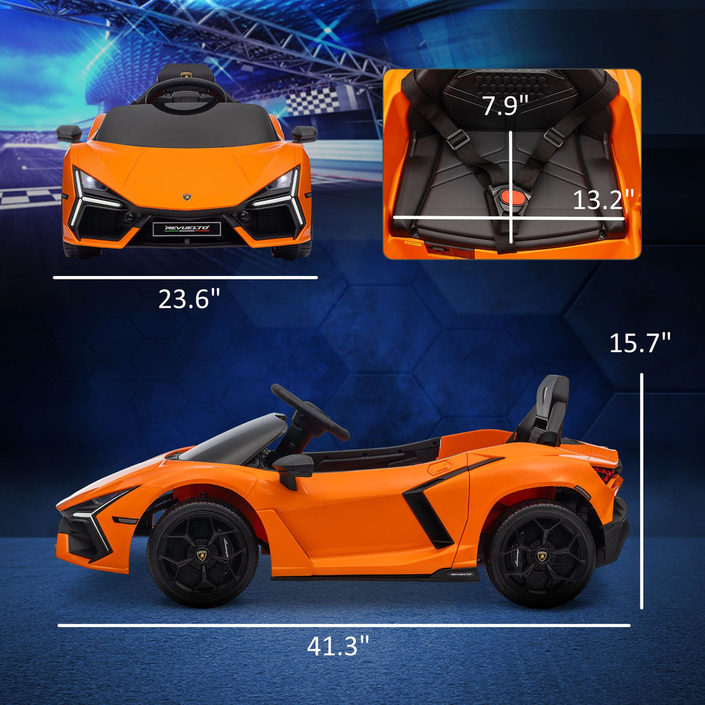 Yeah Depot - Qaba Lamborghini Revuelto Licensed 12V Kids Electric Car, Battery Powered Ride on Car with Hydraulic Doors, Remote Control, Transport Wheels, Spring Suspension, Music, Lights, 3 Speeds, Orange