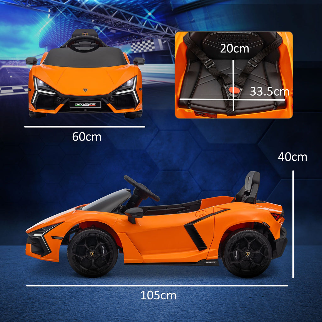 Yeah Depot - Qaba Lamborghini Revuelto Licensed 12V Kids Electric Car, Battery Powered Ride on Car with Hydraulic Doors, Remote Control, Transport Wheels, Spring Suspension, Music, Lights, 3 Speeds, Orange