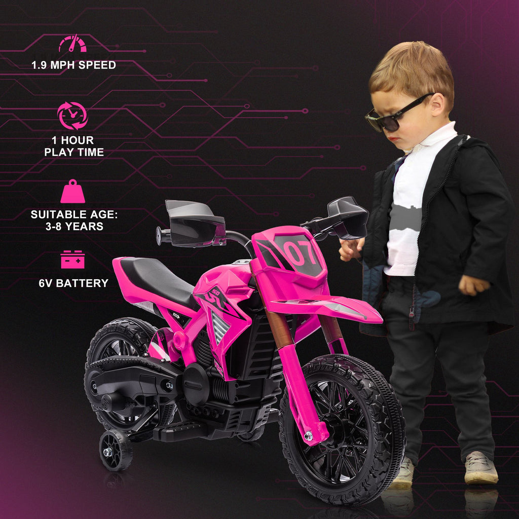 Yeah Depot - Qaba Kids Motorcycle, 6V Battery Powered Dirt Bike with Training Wheels, Horn & Start Sound, Electric Motorcycle for Kids 3-8 Years, Pink