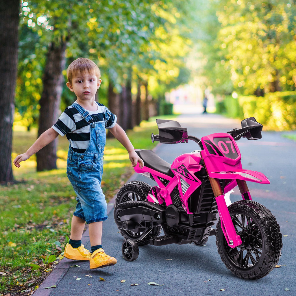 Yeah Depot - Qaba Kids Motorcycle, 6V Battery Powered Dirt Bike with Training Wheels, Horn & Start Sound, Electric Motorcycle for Kids 3-8 Years, Pink