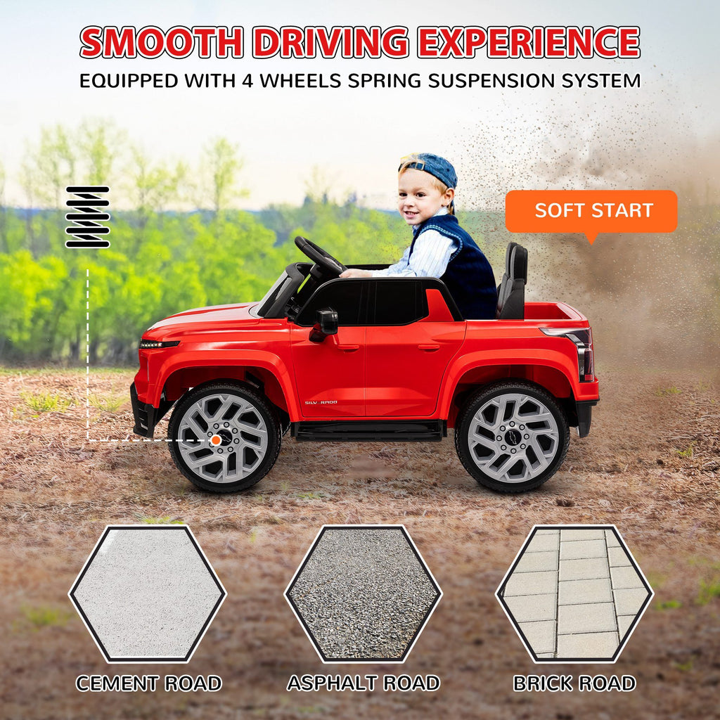 Yeah Depot - Qaba 12V Kids Electric Car, Chevrolet Silverado EV RST Licensed Ride on Car with Parent Remote Control, Spring Suspension, Soft Start, Training Wheels, LED Lights, Music, MP3, 3 Speed, Red