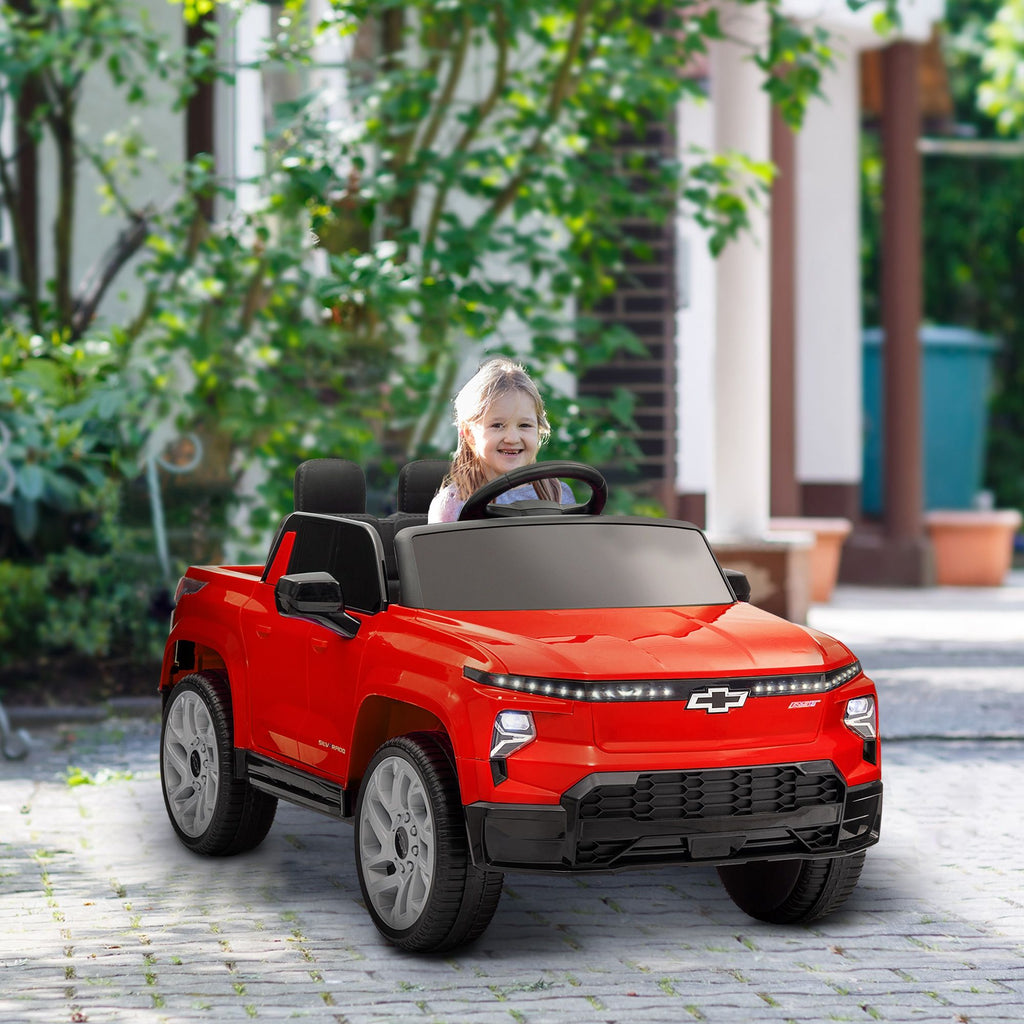Yeah Depot - Qaba 12V Kids Electric Car, Chevrolet Silverado EV RST Licensed Ride on Car with Parent Remote Control, Spring Suspension, Soft Start, Training Wheels, LED Lights, Music, MP3, 3 Speed, Red