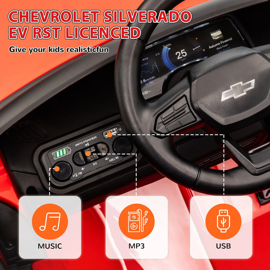 Yeah Depot - Qaba 12V Kids Electric Car, Chevrolet Silverado EV RST Licensed Ride on Car with Parent Remote Control, Spring Suspension, Soft Start, Training Wheels, LED Lights, Music, MP3, 3 Speed, Red