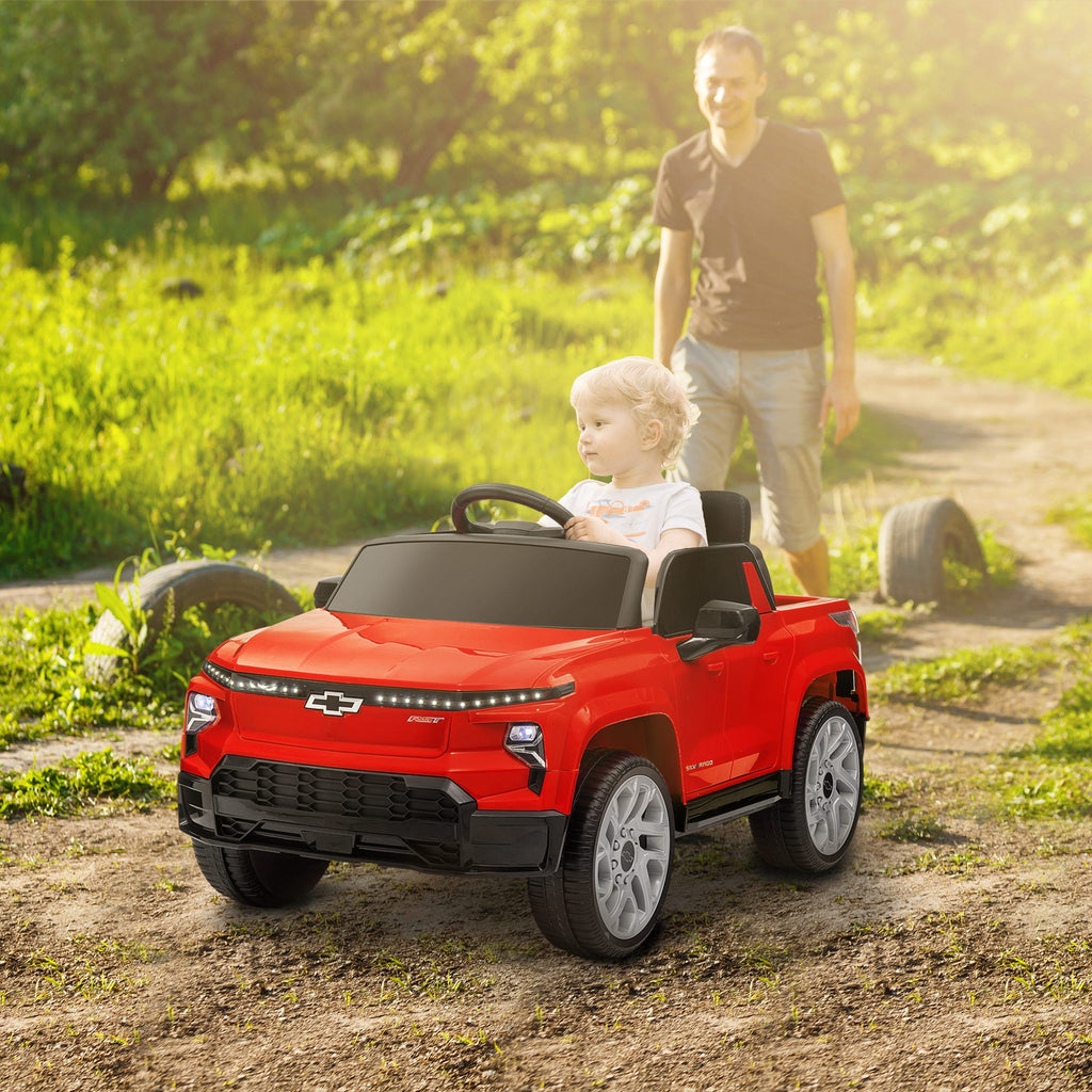 Yeah Depot - Qaba 12V Kids Electric Car, Chevrolet Silverado EV RST Licensed Ride on Car with Parent Remote Control, Spring Suspension, Soft Start, Training Wheels, LED Lights, Music, MP3, 3 Speed, Red