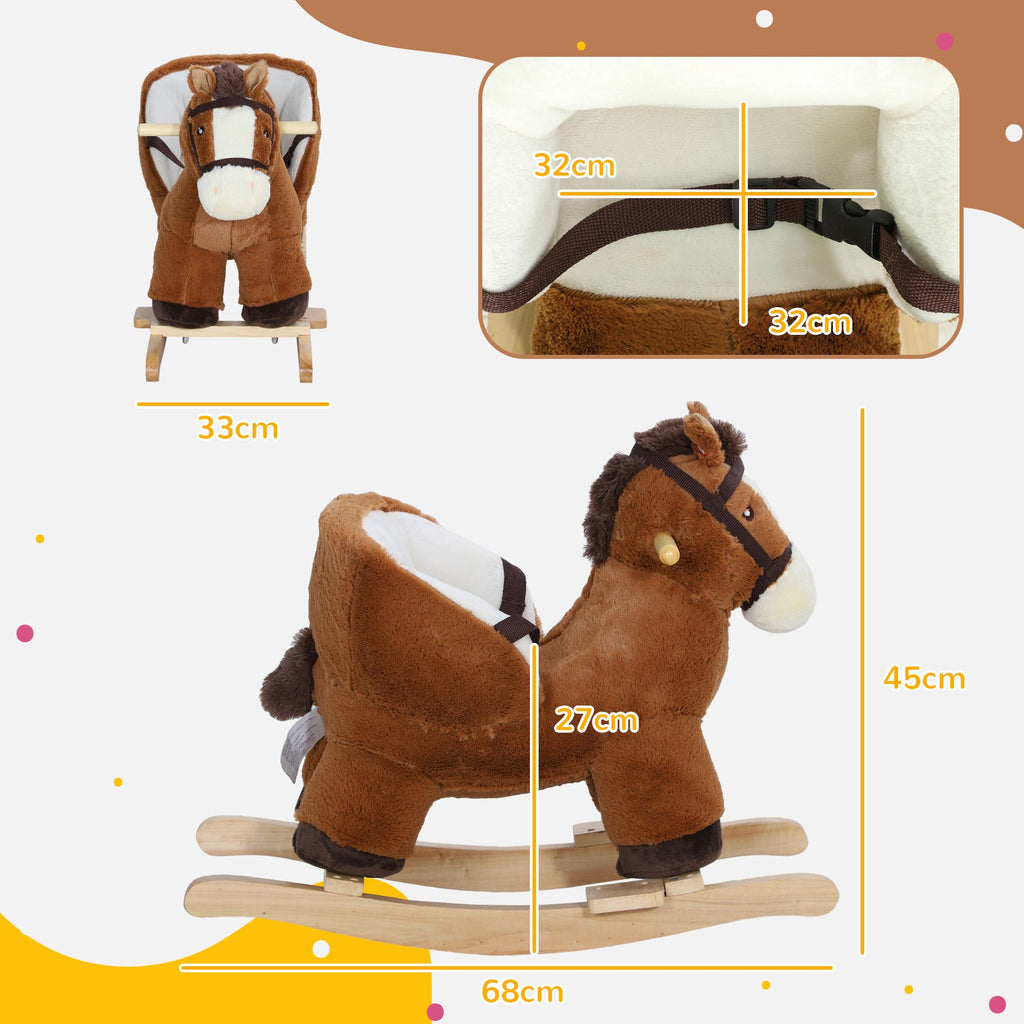 Yeah Depot - Qaba Baby Rocking Horse, Plush Animal Rocker with Sound, Wooden Base, & Safety Belt for Ages 18-36 Months, Brown