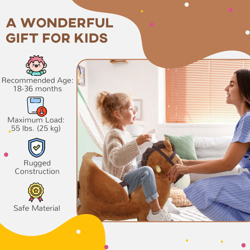 Yeah Depot - Qaba Baby Rocking Horse, Plush Animal Rocker with Sound, Wooden Base, & Safety Belt for Ages 18-36 Months, Brown