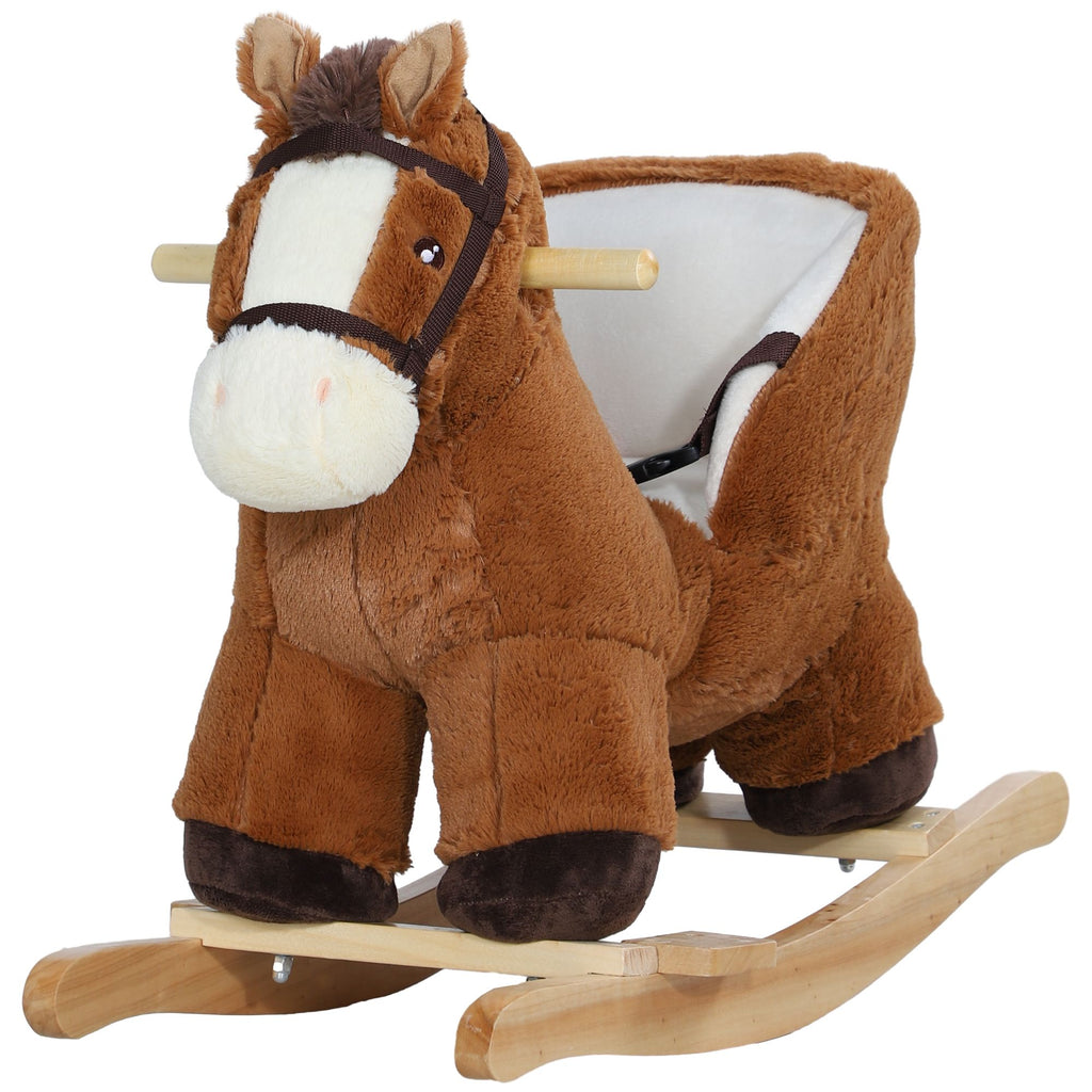 Yeah Depot - Qaba Baby Rocking Horse, Plush Animal Rocker with Sound, Wooden Base, & Safety Belt for Ages 18-36 Months, Brown