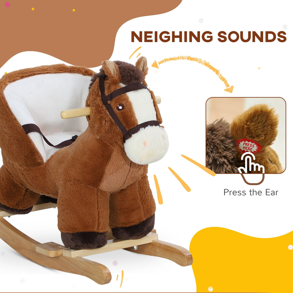 Yeah Depot - Qaba Baby Rocking Horse, Plush Animal Rocker with Sound, Wooden Base, & Safety Belt for Ages 18-36 Months, Brown