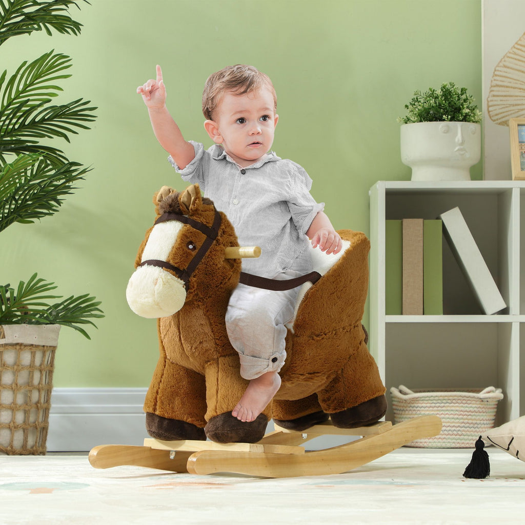 Yeah Depot - Qaba Baby Rocking Horse, Plush Animal Rocker with Sound, Wooden Base, & Safety Belt for Ages 18-36 Months, Brown