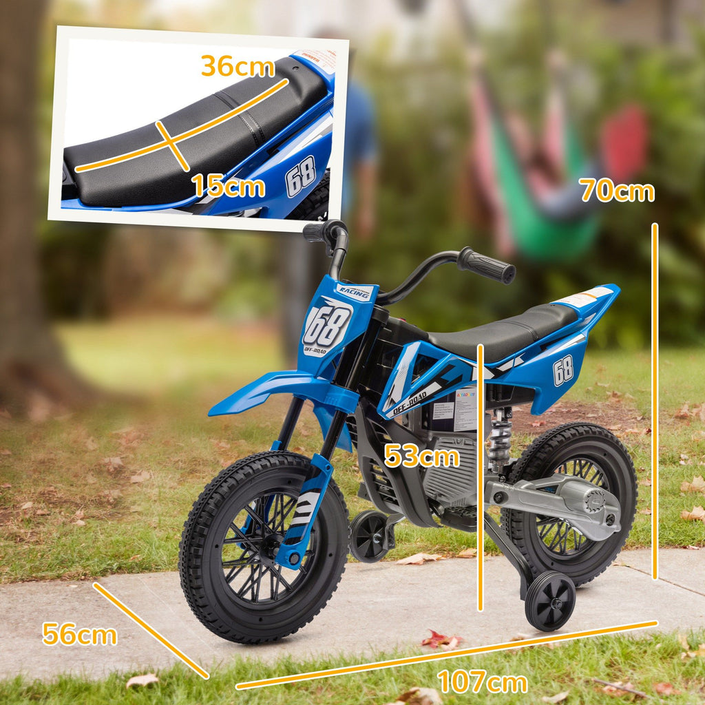 Yeah Depot - Qaba Kids Dirt Bike with Twist Grip Throttle, 12V Electric Motorcycle, Electric Bike for Toddler with Training Wheels, Rear Suspension & Music, Blue