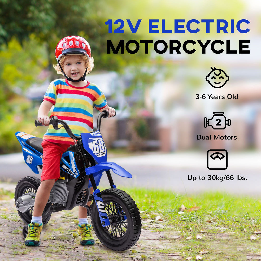 Yeah Depot - Qaba Kids Dirt Bike with Twist Grip Throttle, 12V Electric Motorcycle, Electric Bike for Toddler with Training Wheels, Rear Suspension & Music, Blue