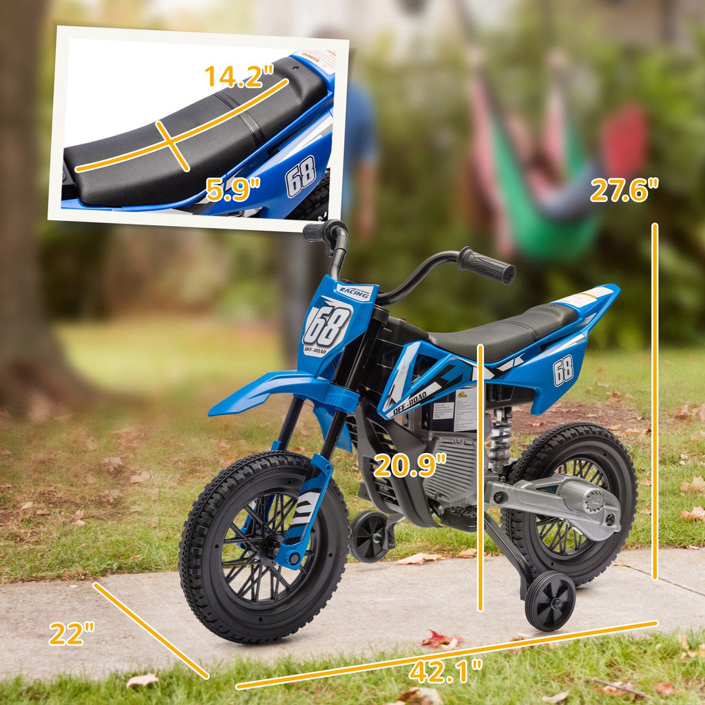 Yeah Depot - Qaba Kids Dirt Bike with Twist Grip Throttle, 12V Electric Motorcycle, Electric Bike for Toddler with Training Wheels, Rear Suspension & Music, Blue