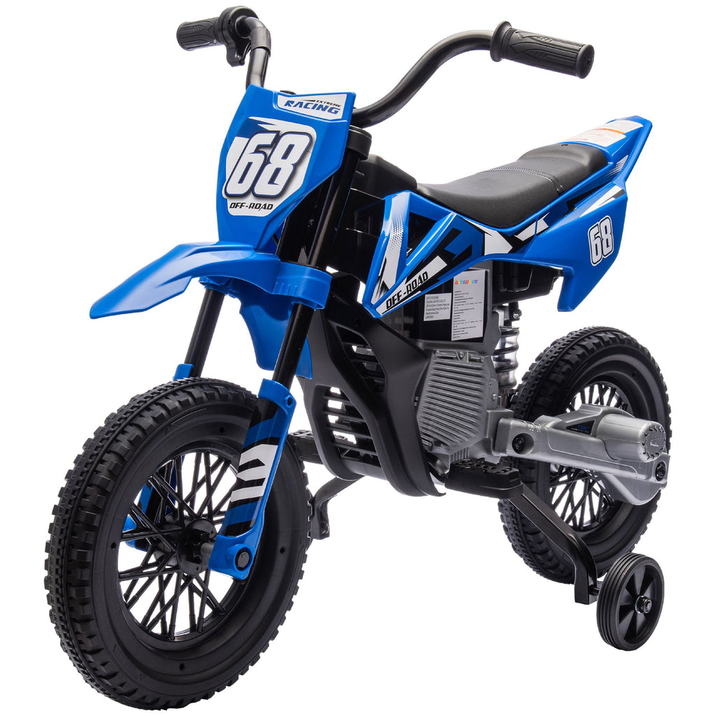 Yeah Depot - Qaba Kids Dirt Bike with Twist Grip Throttle, 12V Electric Motorcycle, Electric Bike for Toddler with Training Wheels, Rear Suspension & Music, Blue
