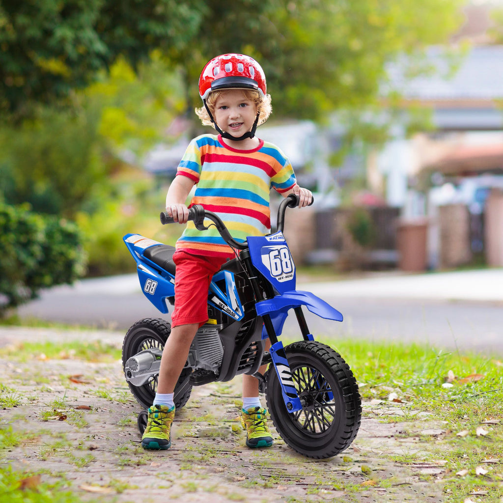 Yeah Depot - Qaba Kids Dirt Bike with Twist Grip Throttle, 12V Electric Motorcycle, Electric Bike for Toddler with Training Wheels, Rear Suspension & Music, Blue