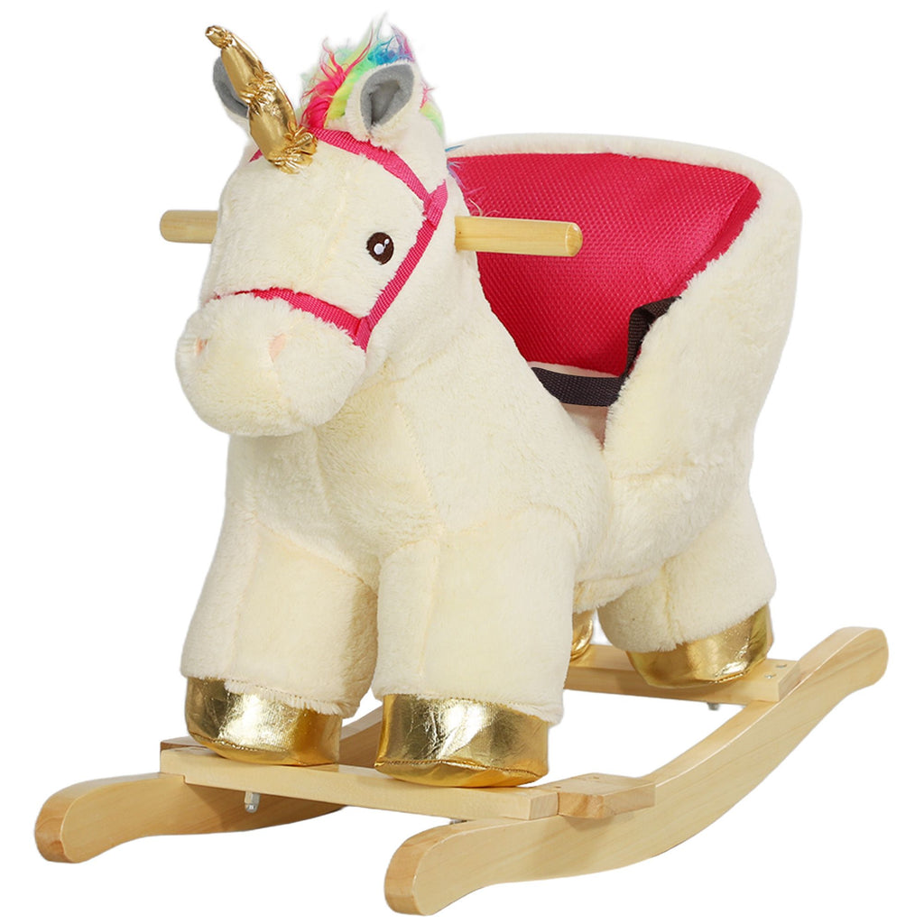 Yeah Depot - Qaba Kids Rocking Horse, Ride on Unicorn with Realistic Sounds, Safety Belt & Wooden Base, Plush Animal Rocker for Toddlers 18-36 Months, Cream White