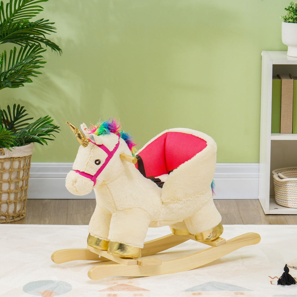 Yeah Depot - Qaba Kids Rocking Horse, Ride on Unicorn with Realistic Sounds, Safety Belt & Wooden Base, Plush Animal Rocker for Toddlers 18-36 Months, Cream White