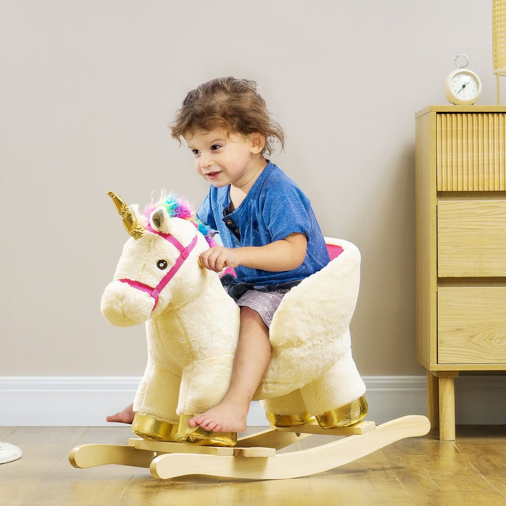 Yeah Depot - Qaba Kids Rocking Horse, Ride on Unicorn with Realistic Sounds, Safety Belt & Wooden Base, Plush Animal Rocker for Toddlers 18-36 Months, Cream White