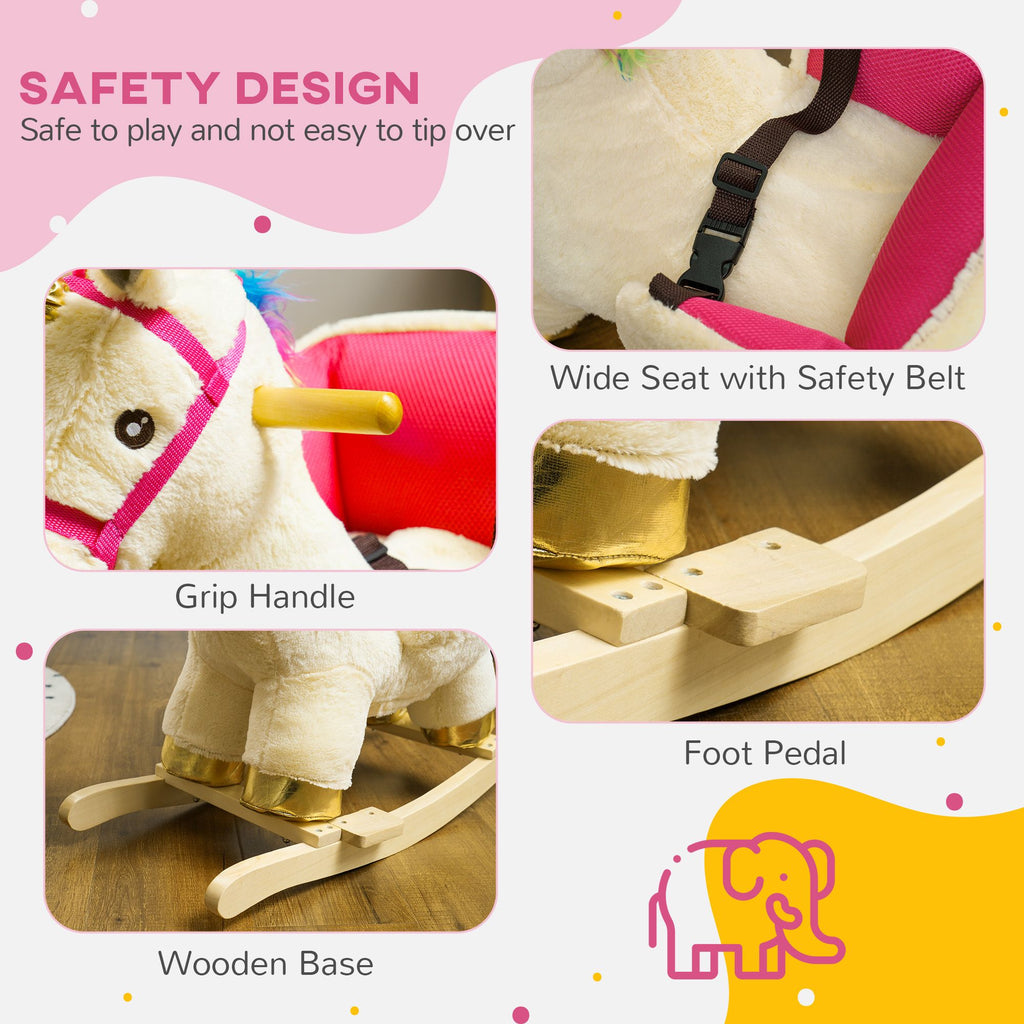 Yeah Depot - Qaba Kids Rocking Horse, Ride on Unicorn with Realistic Sounds, Safety Belt & Wooden Base, Plush Animal Rocker for Toddlers 18-36 Months, Cream White