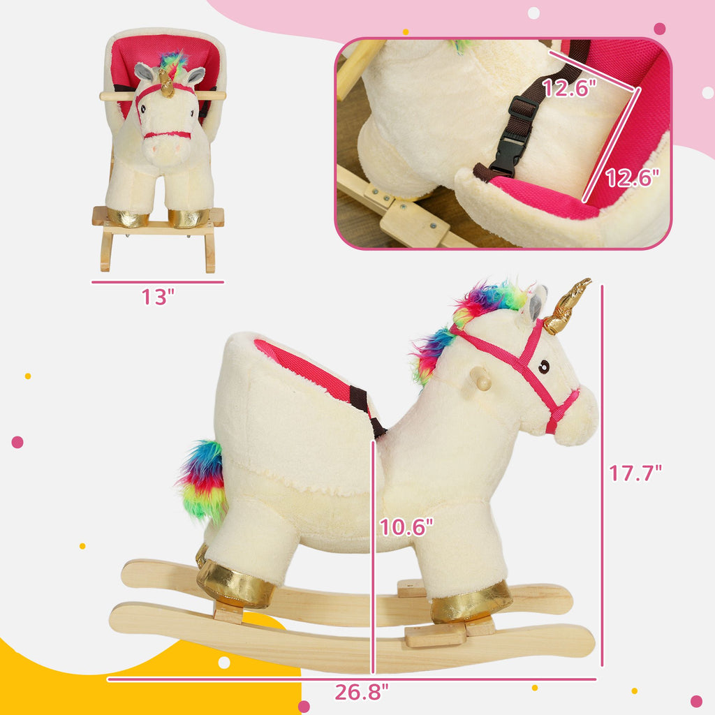 Yeah Depot - Qaba Kids Rocking Horse, Ride on Unicorn with Realistic Sounds, Safety Belt & Wooden Base, Plush Animal Rocker for Toddlers 18-36 Months, Cream White