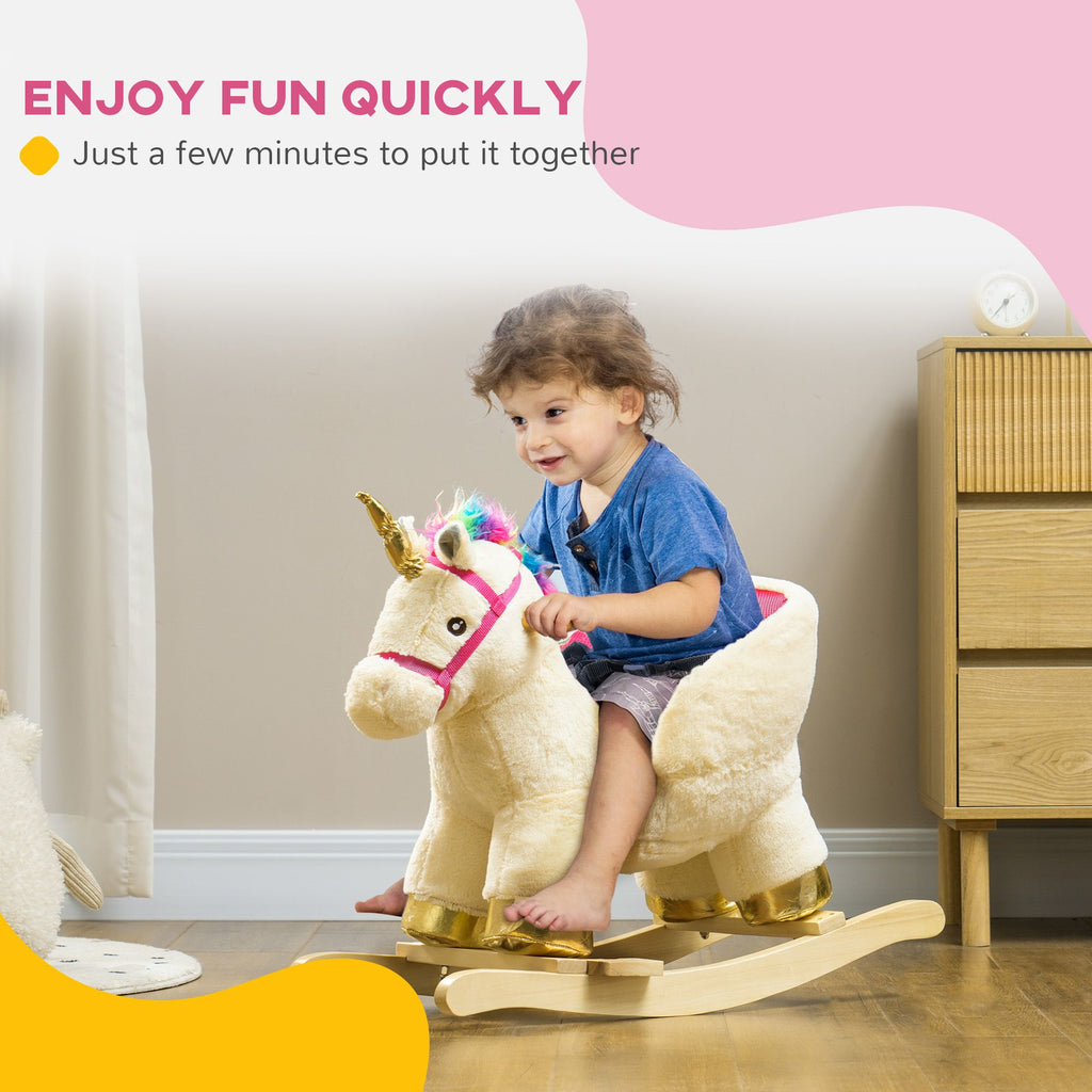 Yeah Depot - Qaba Kids Rocking Horse, Ride on Unicorn with Realistic Sounds, Safety Belt & Wooden Base, Plush Animal Rocker for Toddlers 18-36 Months, Cream White