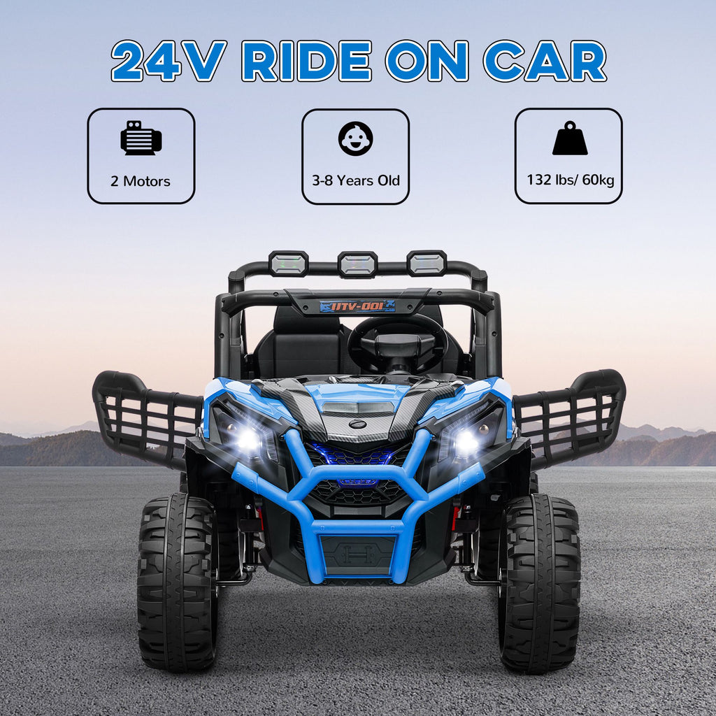 Yeah Depot - Qaba 2 Seater Electric Car for Kids, 24V Battery Powered Ride on Car with Remote Control, 3 Speed, Slow Start, LED Lights, Music, Horn, Spring Suspension for 3-8 Years, Blue