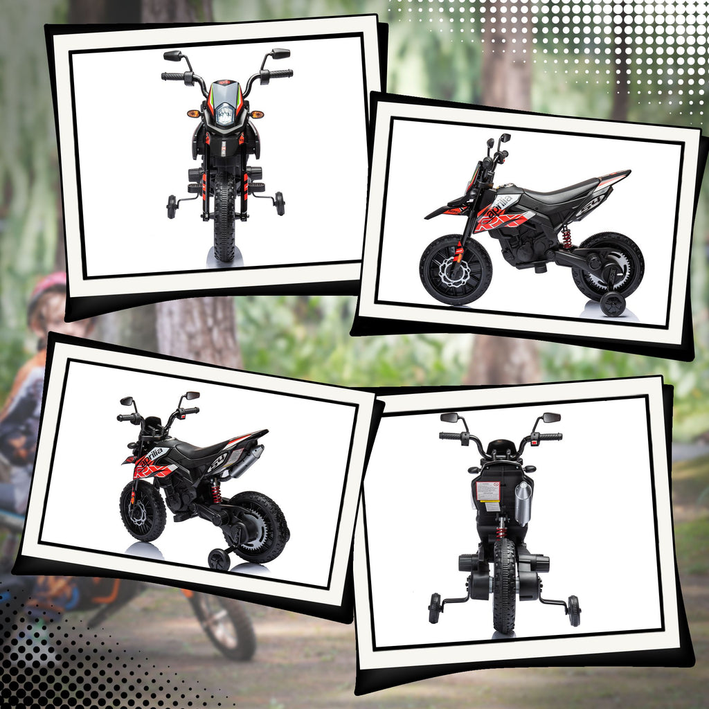 Yeah Depot - Qaba 12V Kids Motorcycle, Aprilia Licenced Electric Motorcycle for Kids with Training Wheels, Spring Suspension, LED Light, USB, Music, Battery Powered Electric Dirt Bike for Boys Girls, Red