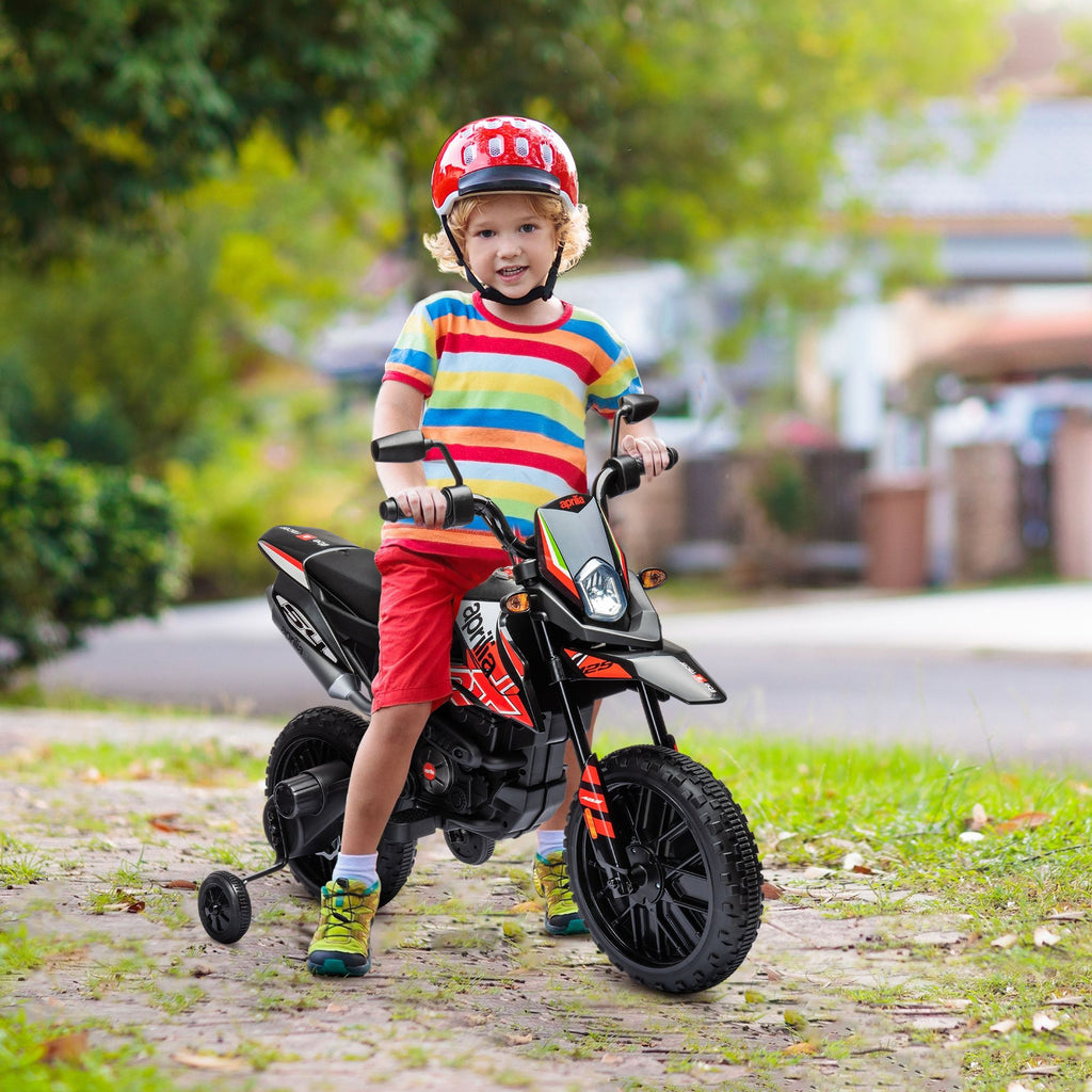 Yeah Depot - Qaba 12V Kids Motorcycle, Aprilia Licenced Electric Motorcycle for Kids with Training Wheels, Spring Suspension, LED Light, USB, Music, Battery Powered Electric Dirt Bike for Boys Girls, Red