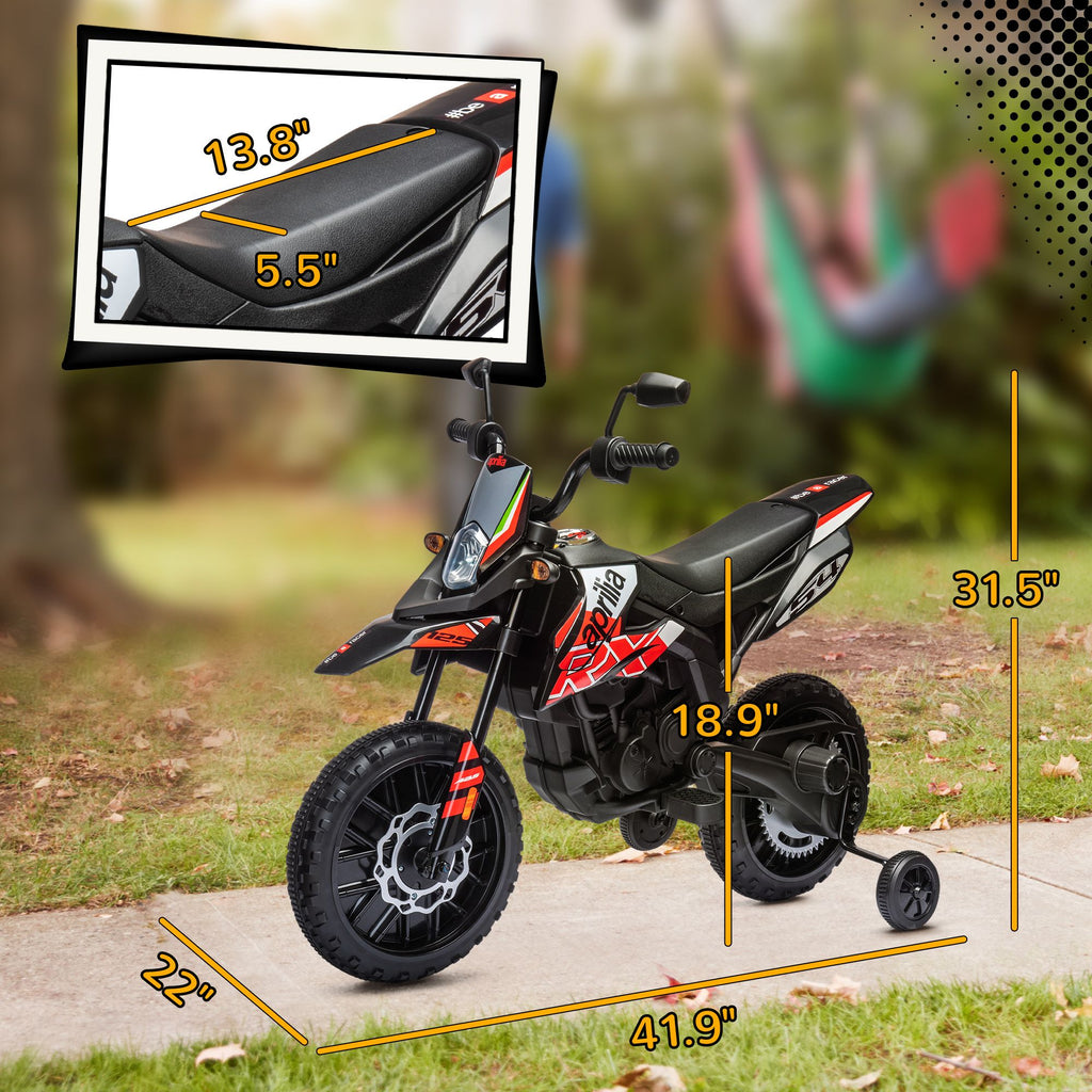 Yeah Depot - Qaba 12V Kids Motorcycle, Aprilia Licenced Electric Motorcycle for Kids with Training Wheels, Spring Suspension, LED Light, USB, Music, Battery Powered Electric Dirt Bike for Boys Girls, Red