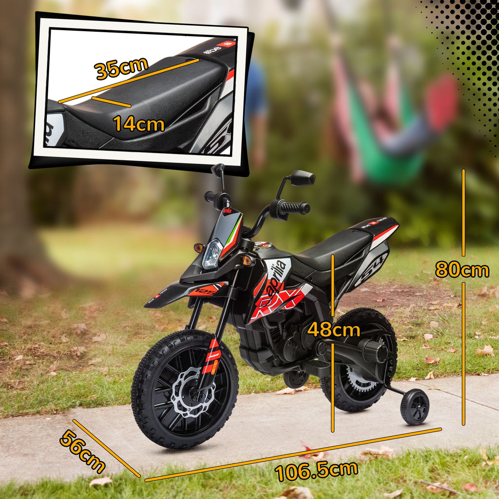 Yeah Depot - Qaba 12V Kids Motorcycle, Aprilia Licenced Electric Motorcycle for Kids with Training Wheels, Spring Suspension, LED Light, USB, Music, Battery Powered Electric Dirt Bike for Boys Girls, Red