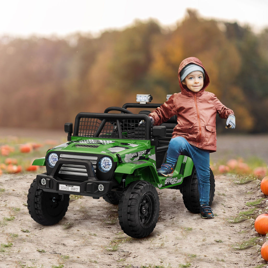 Yeah Depot - Qaba 12V Ride on Truck, Battery Powered Kids Electric Car with Parent Remote, 4 Suspension Wheels, 3 MPH Max Speed, Music, Horn & LED Lights for Ages 3-6 Years Old, Green
